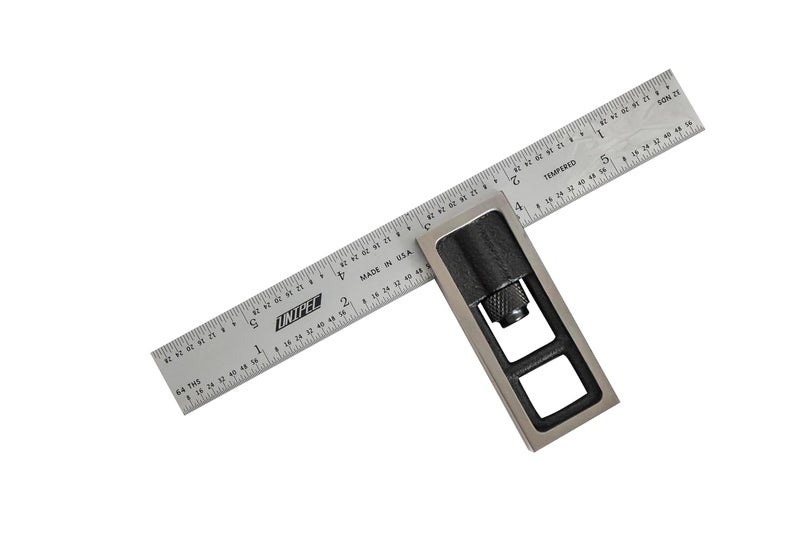 UNIPEC Precision Double Square for Metal Working and Fabrication, Carpentry, Woodworking and Machine Setup,4R Blade (8ths, 16ths, 32nds, 64ths), Hardened, Chrome Stainless Steel Blade, Made in US - Image 1